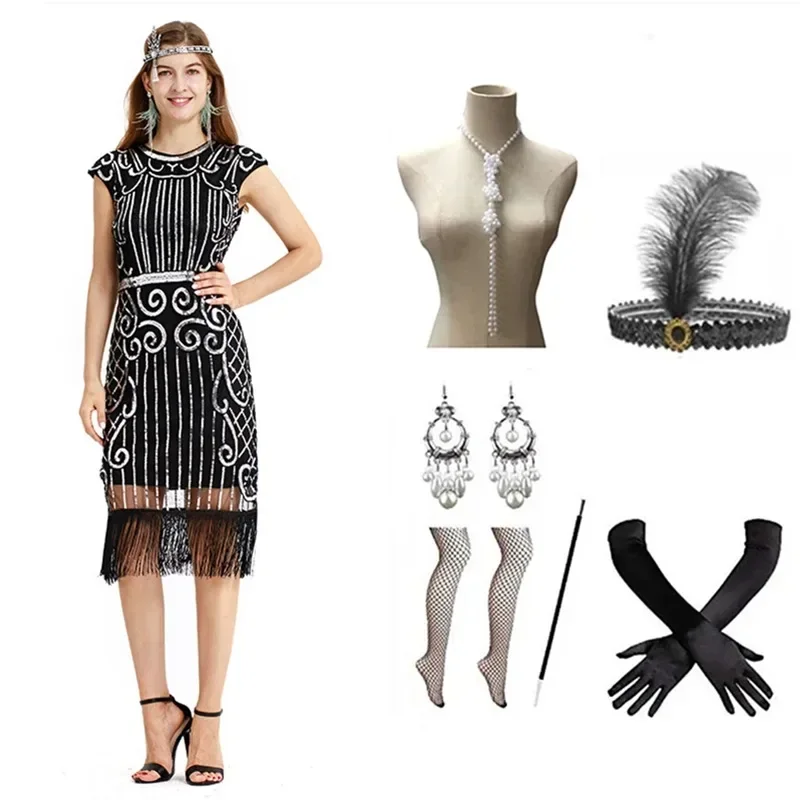 

Retro Style Sequin Bead 1920 Gatsby Dress Y2K Party Women Bodycon Dress O-neck Fashion Tassel Fashion Dress with Accessories