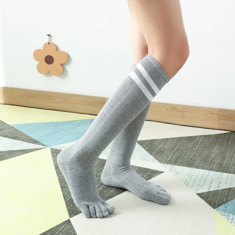 3 Pairs Girl Calf Socks with Fingers Cotton Solid Black White Striped Run Bike Sport Sock Women Long Fashion Split Toe Stockings