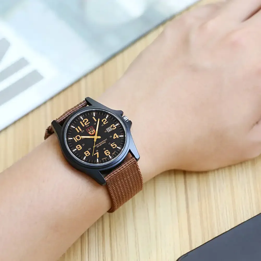 Men's Brown Nylon Strap Quartz Watch - Stylish Round Dial with Date Display