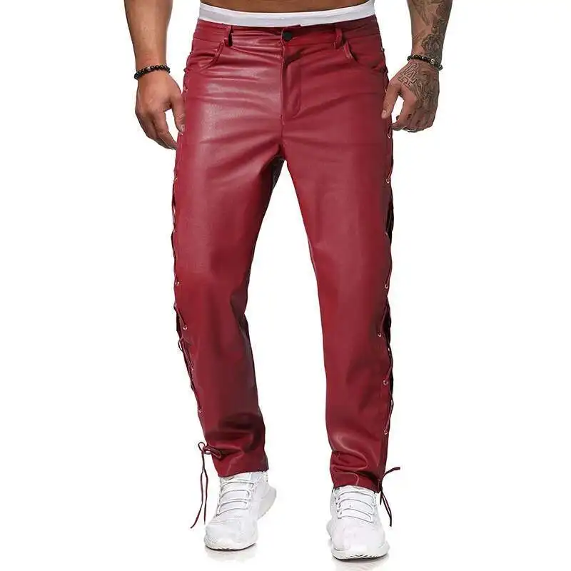 PFHQ New Solid Color Casual Men's PU Leather Pants Spring Korea Fashion Male Trousers Lace Up Design 21E3074