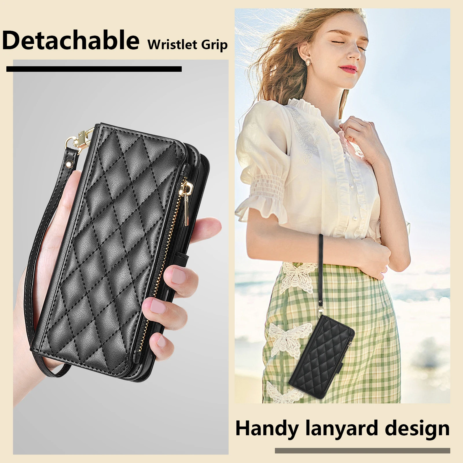 Compact Fragrance Zipper Card Slot Stand Magnetic Flip Leather Wallet Case Cover