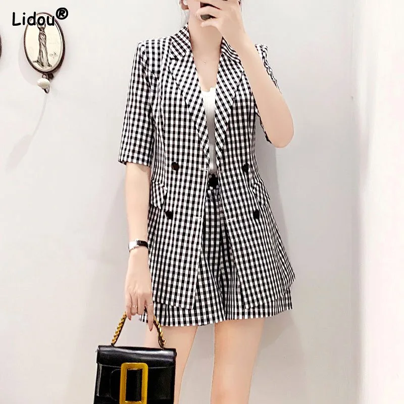 Intellectual Notched Pockets Button Plaid Skinny Vintage Elegant Fashion Casual Office Lady Women's Clothing 2023 Temperament