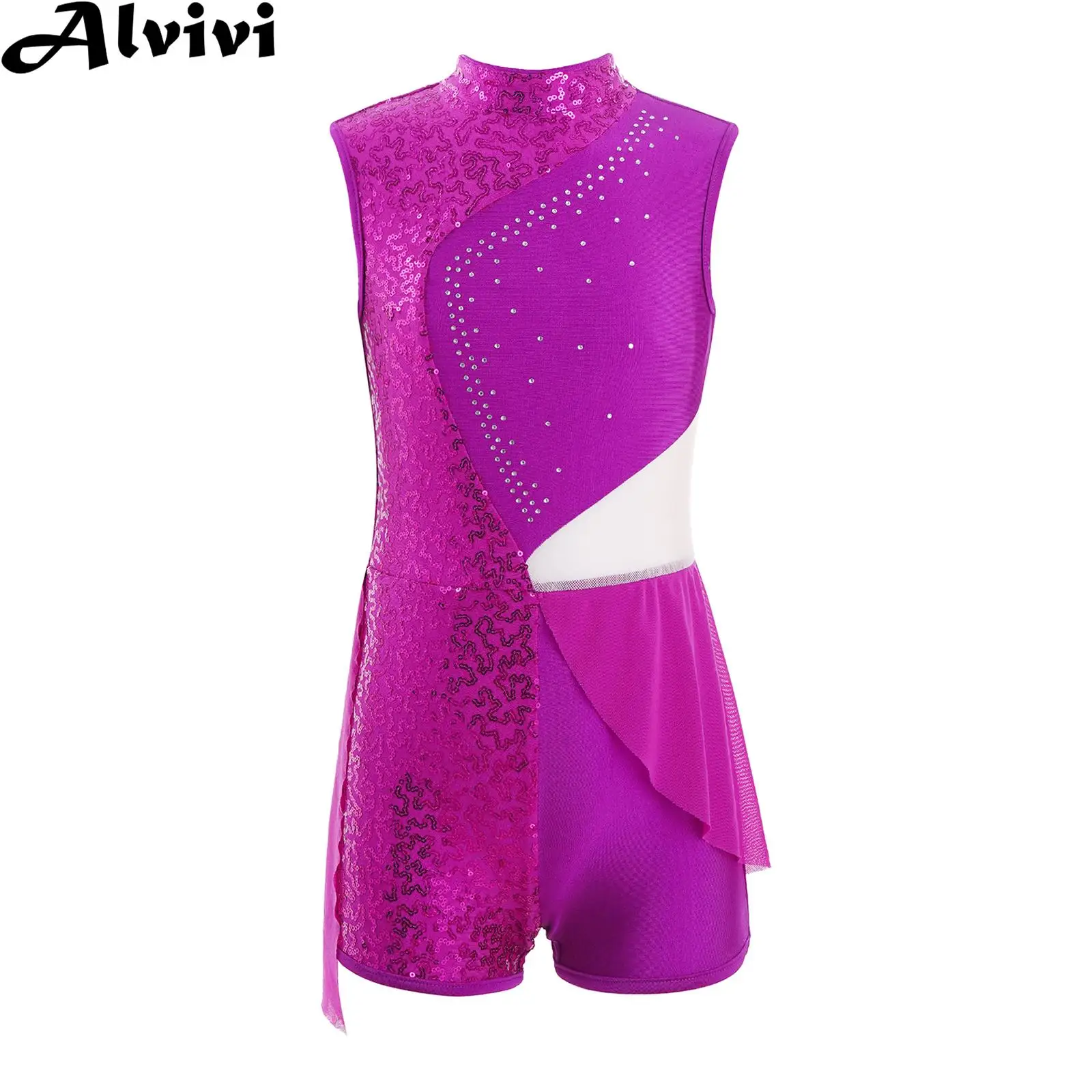 Girls Ice Skating Clothes Sleeveless Sheer Mesh Sparkly Sequin Hollow Ballet Gymnastics Leotard