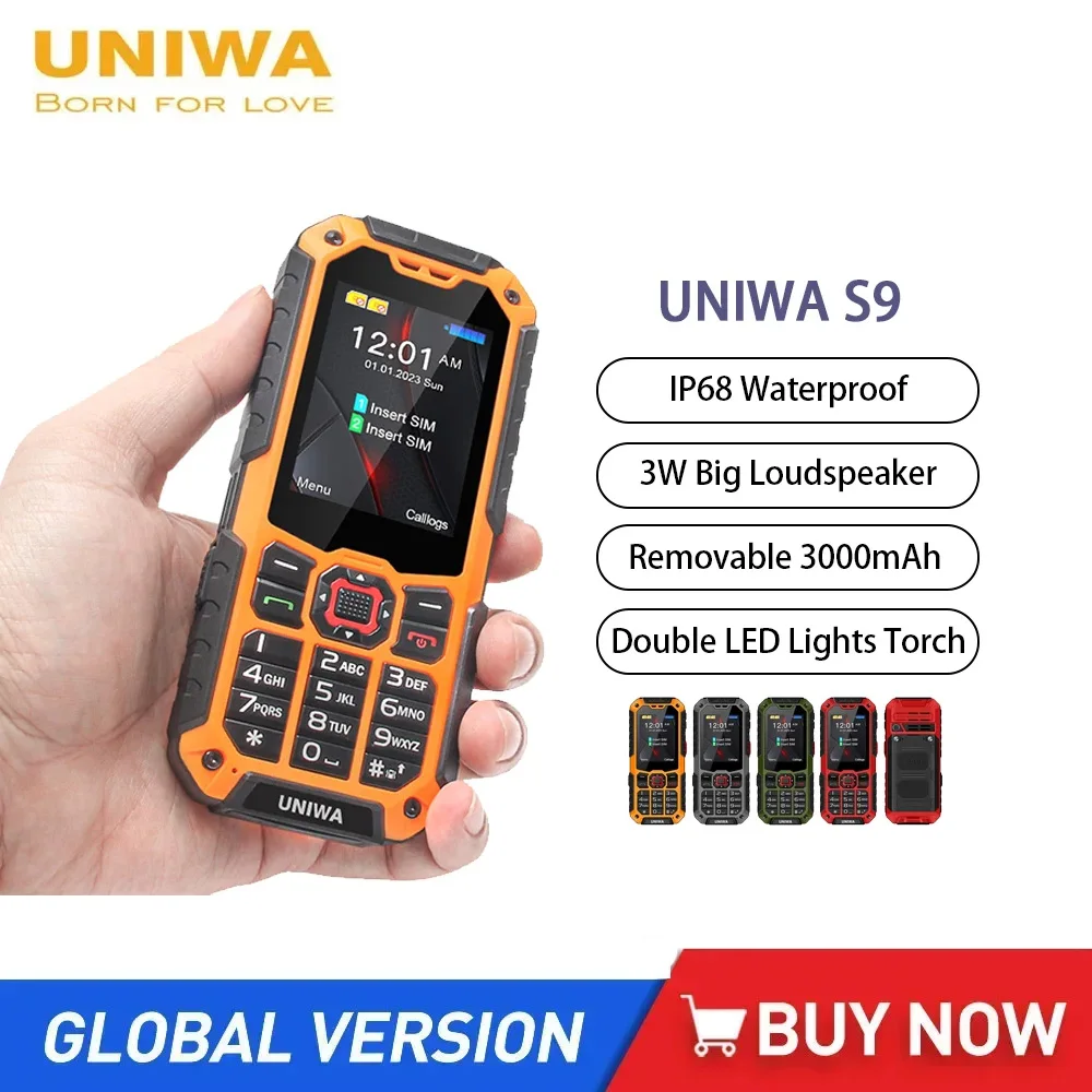 uniwa-s9-4g-feature-phone-ip68-impermeavel-botao-sos-3w-grande-alto-falante-bateria-3000mah-telefones-celulares-robustos-24-pol