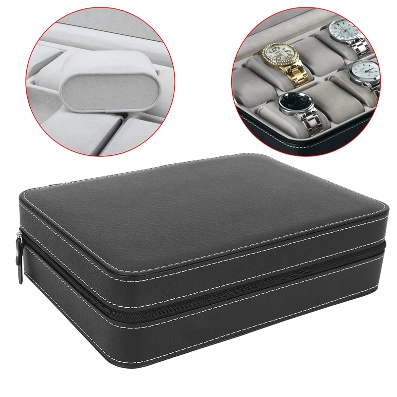 Portable Watch Box Organizer PU Leather Casket with Zipper Classic Style 10 Grids Multi-Functional Bracelet Display Case Watch Storage Box Watch Storage Bag