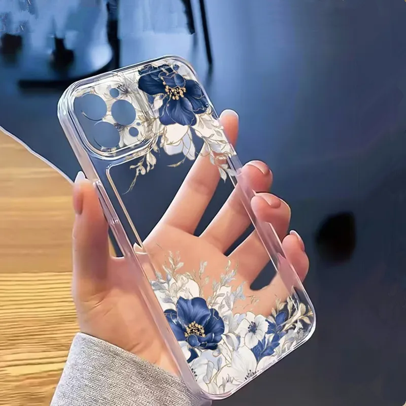 Elegant Blue and White Floral Design Clear Phone Case - Soft TPU Cover