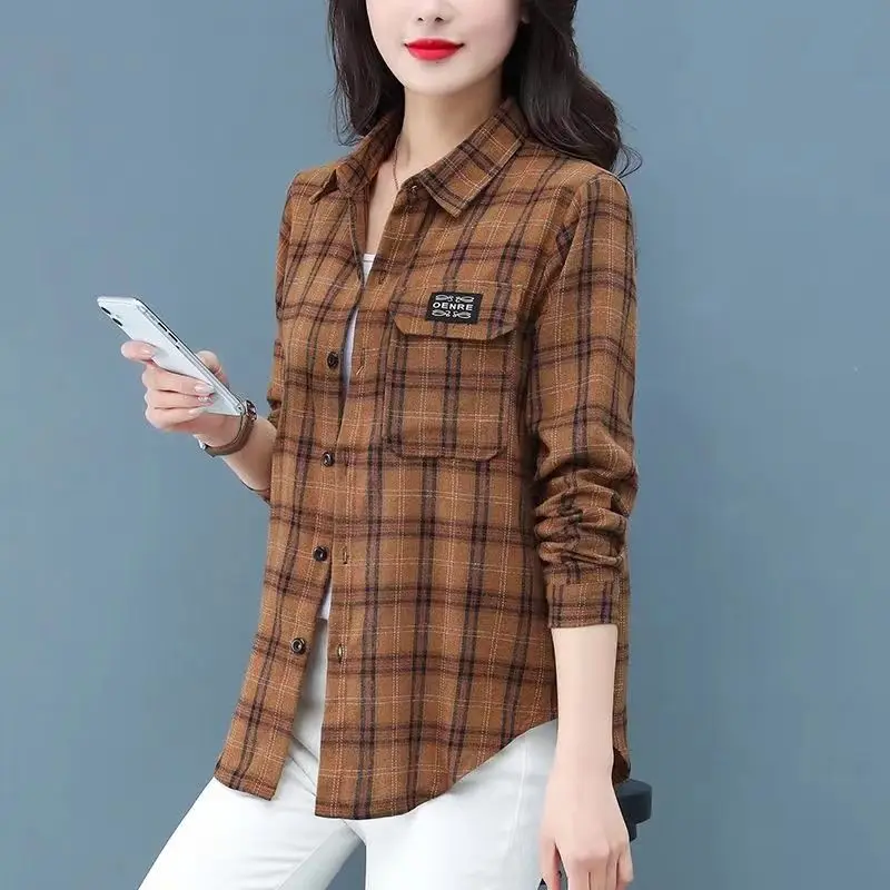 Fashion Lapel Button Pockets Loose Plaid Shirts Women's Clothing 2023 Autumn Winter Oversized Casual Tops Asymmetrical Blouses