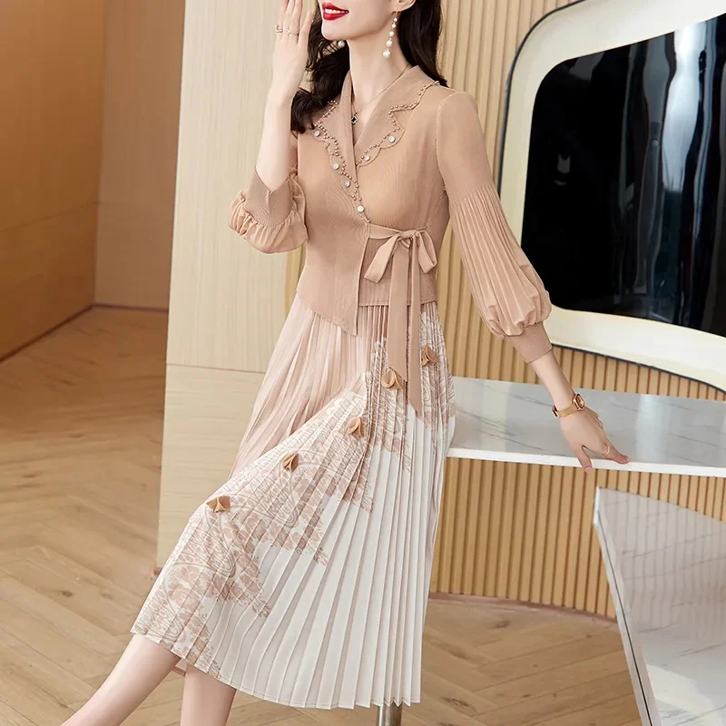 Summer Dress Elastic 2024 New Pleated Long Dress Young Mother's Temperament Is Slim And Gentle skirt Notched Collar Dress Black
