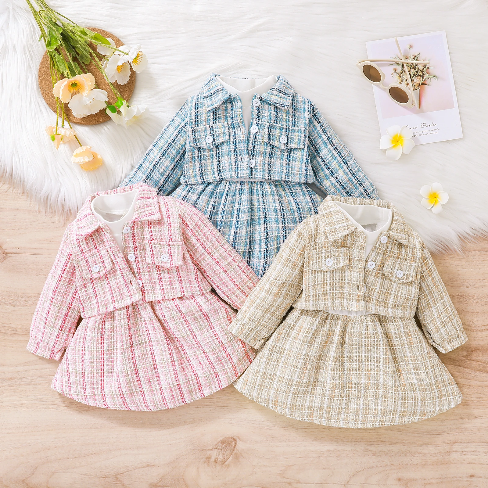 Baby Girl's Plaid Vestido de Manga Longa Set, Botões Outwear, Patchwork
