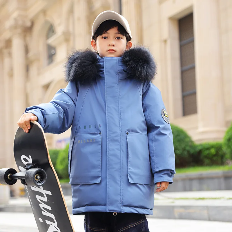 

Winter Warm Windproof Boy Thick Detachable Fur Hooded Long Zip Puffer Jacket School Kids Down Coat Child Outerwear Parka 5-14Yrs