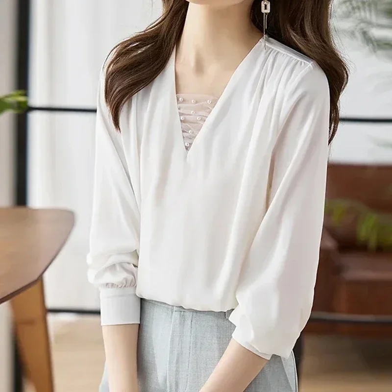

Fashion Long Sleeve Satin Blouse Autumn New Office Lady Elegant V Neck Shirts Women Bottoming Tops Solid Clothes Blusas 29974