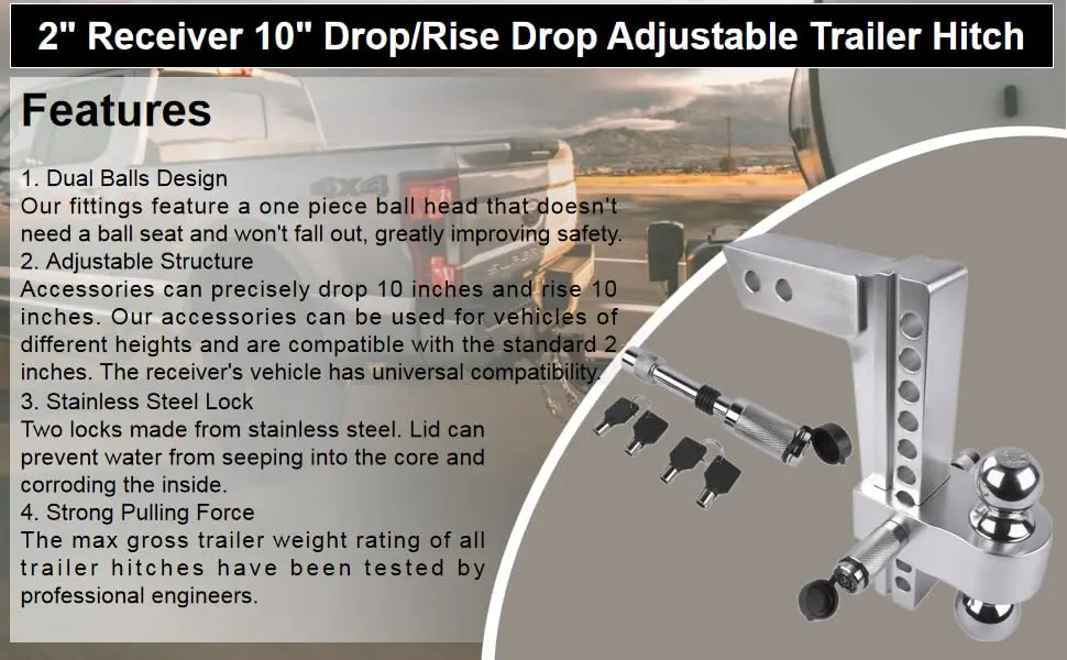 Aluminum 2 Inch Receiver 10 Inch Drop/Rise Drop Adjustable Trailer Hitch