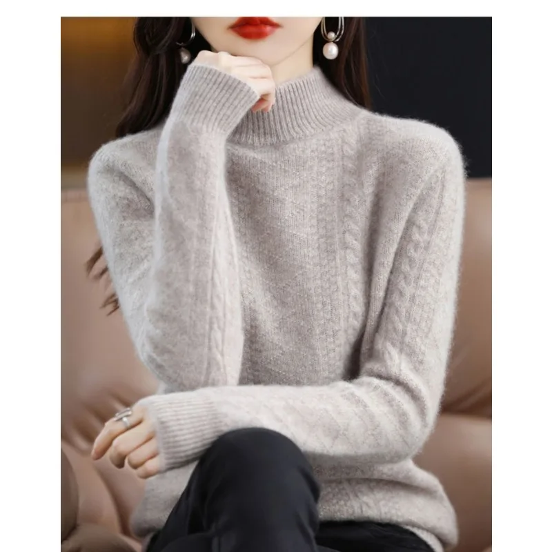 

2023 New Solid Color Pure Cashmere Sweater Women High-end Thick Half Turtleneck Knitwear Loose Wool Knitting Shirt