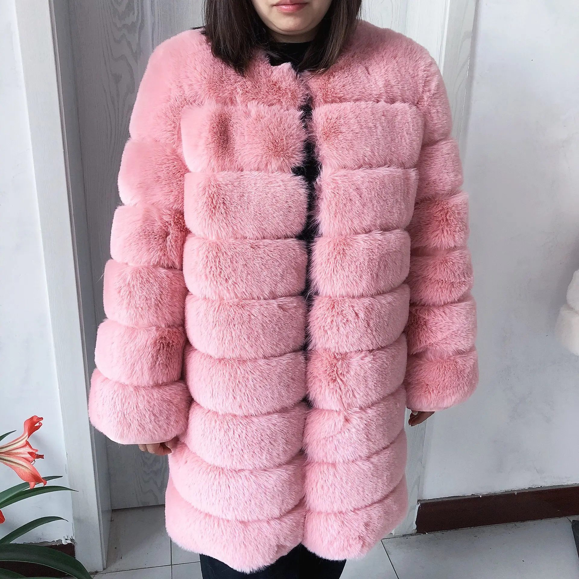 Fur Trim Bubble Coat Pink Faux Fur Coats LHXDW Women's Winter Faux
