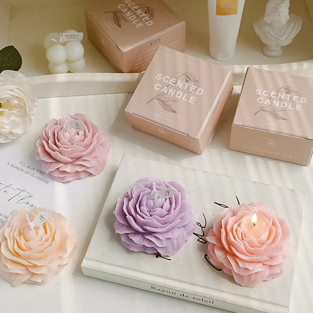 3D Peony Aromatic Candle Creative Flower Shape Aromatherapy Wedding Decor Gifts Box Valentine's Day Scented Souvenir Ornament