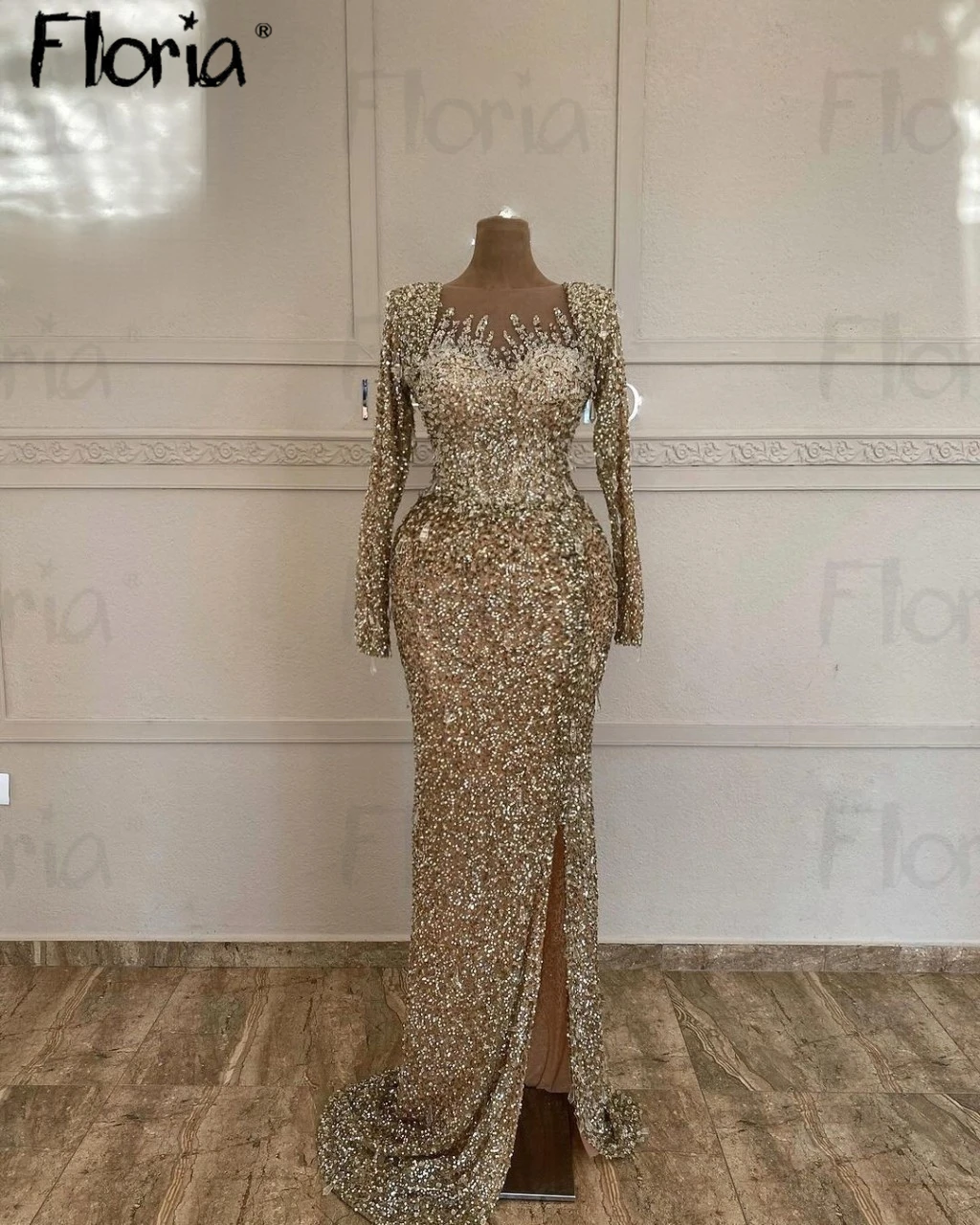 

Arabic Gold Long Evening Dress Dubai Women's Wedding Dinner Party Gowns Chic Beaded Sequins Birthday Night Gowns Side Split