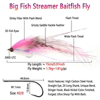 #2/0 15cm/5.91inch Big Streamer Baitfish Fly Flash Grizzly Saddle Hackle Bait Trout 2