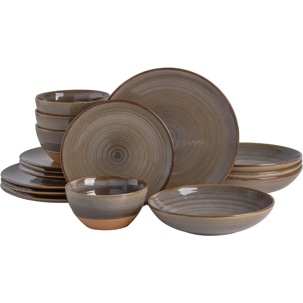 

16 Piece Dreamweaver Double Bowl Terracotta Reactive Dinnerware Set - Earthy Brown, Service for 4 (16pcs)