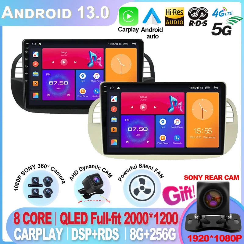 Per Fiat 500 Android 13 Autoradio Stereo Con Navigazione Gps Controllo Del Volante Multimediale Wireless Carplay E Auto Bt Wifi