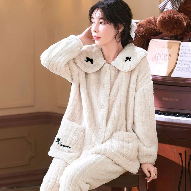 Coral Velvet Pajamas Women  Autumn Winter Thickened Famale Insulation Set Large Size Winter Plush Flannel Sweet Cute Home Wear