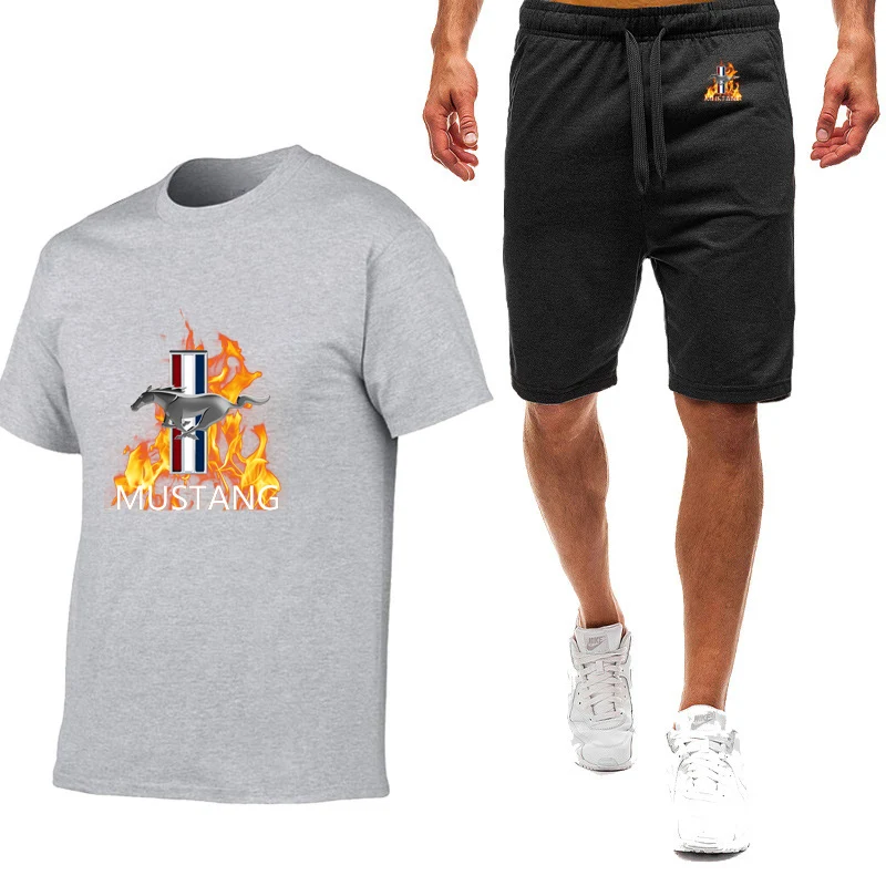 Mustang printing summer men's short sleeve Harajuku style high quality breathable T-shirt shorts suit sportswear.