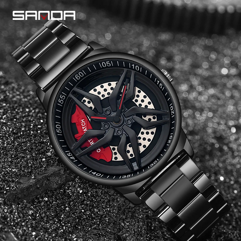 

SANDA Hot Sell Quartz Men Watch Waterproof Rotating Wheel Wristwatch Stainless steel 360 Degree Rotating Wheel Rim Dial Watches