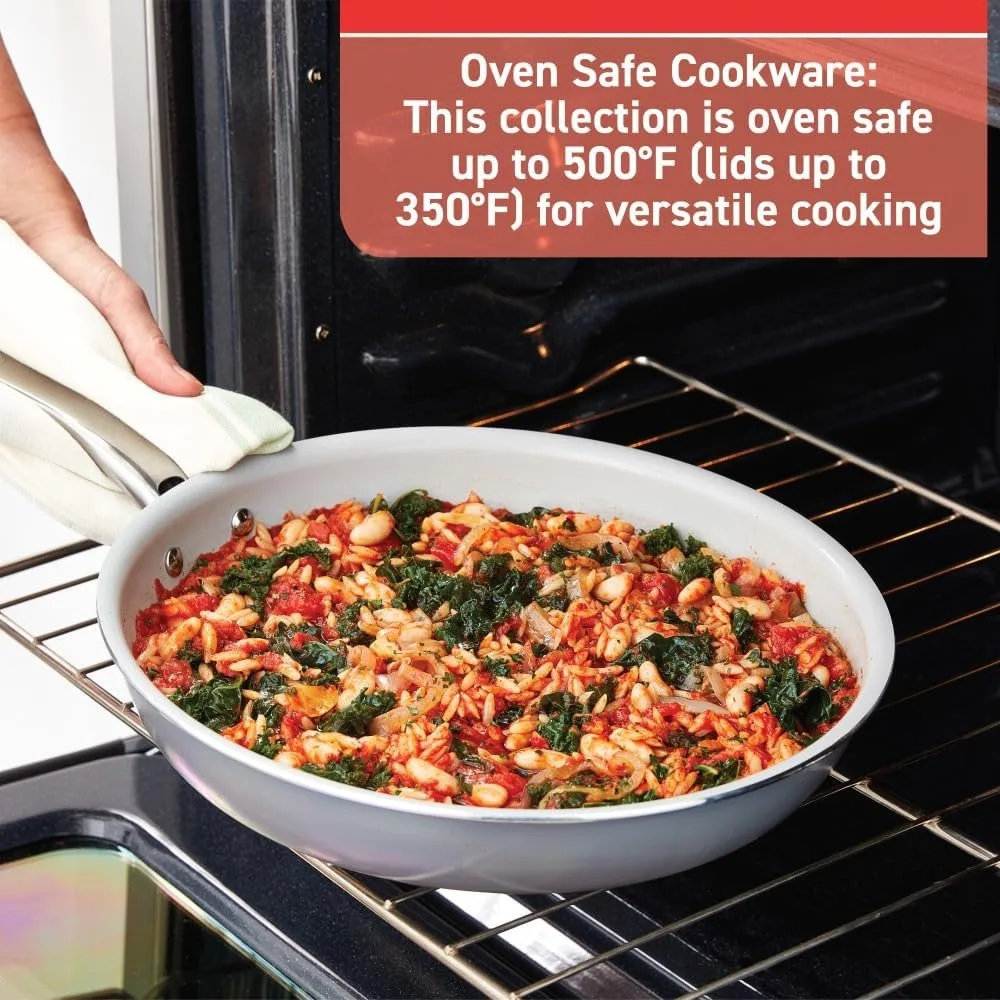 T-fal Fresh Gourmet Recycled Ceramic Non Stick Cookware Set 12 Piece, Oven Broiler Safe 500F, Lid Safe 350F, Kitchen Cooking Set