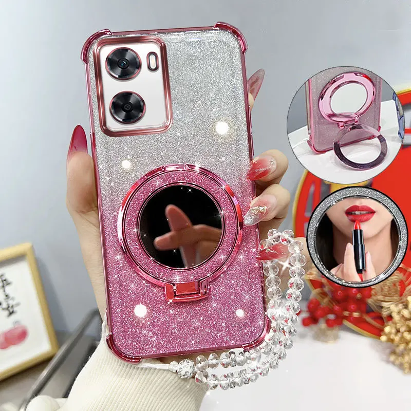 Glitter Shockproof Phone Case with Mirror Stand and Beaded Strap
