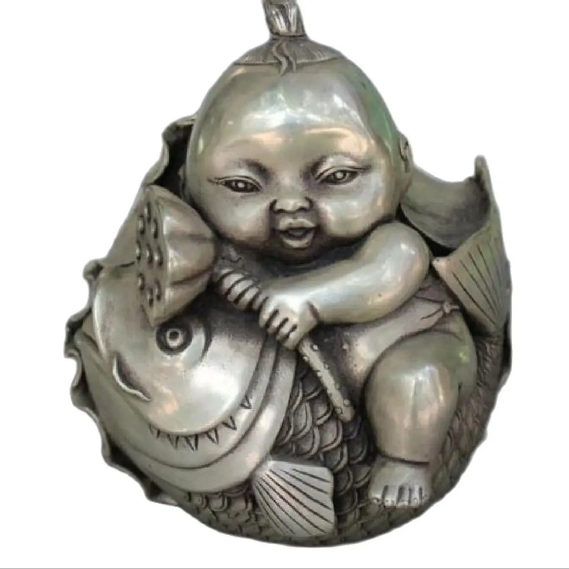 

6" China Exquisitely carved Silver Children Boy Ride Fish Lotus Leaf Statue