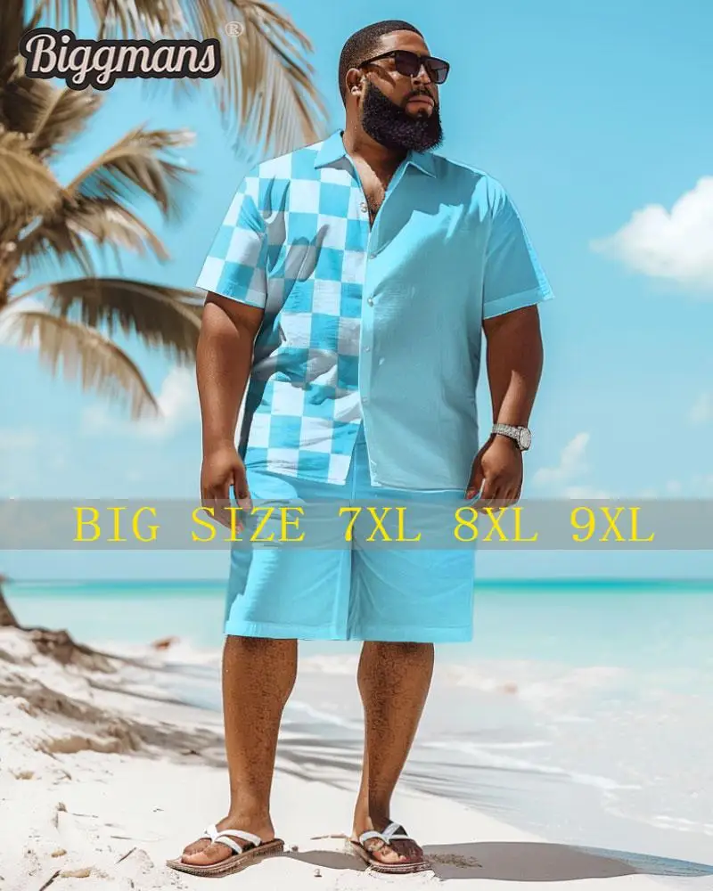 

Biggmans Shirt Plus Size Set L-9Xl for Summer Beach Clothing Oversize Hawaii Suit Hawaiian Colorful Block Print Shorts 7XL 8XL