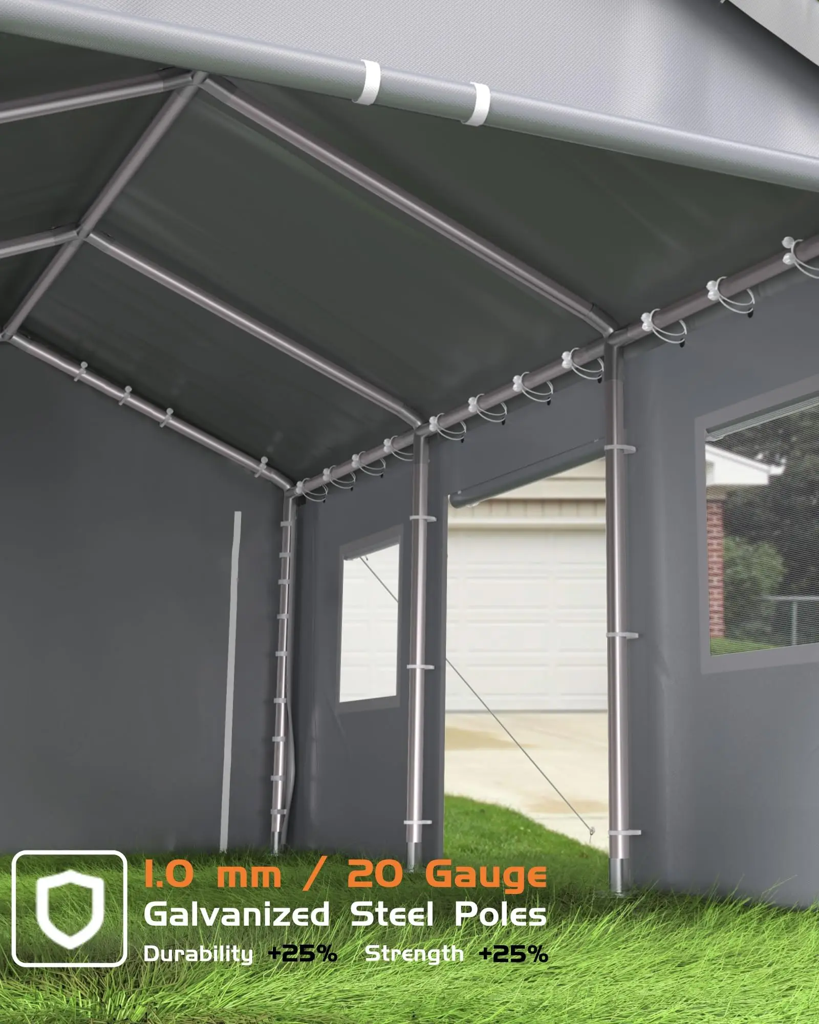 13 'x20 Outdoor' heavy duty garage, portable garage with 4 rolling doors, 4 mesh Windows, 180g PE tarp and reinforced frame for