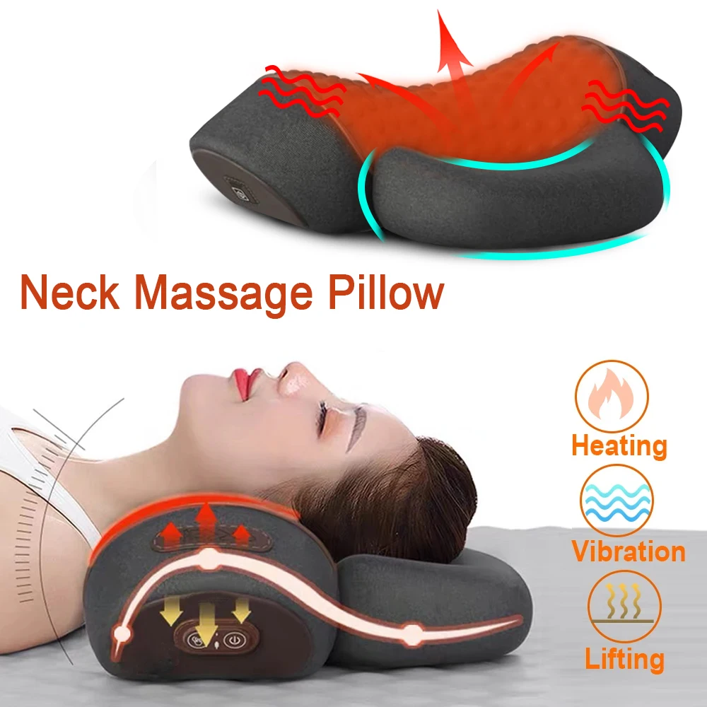 Callixe Thera Pillow,Callixe Neck Pillow,Heated Massage Neck Pillow,Cervical Massage Traction Bed Back Pillow,Sleeping Cervical Neck Pillow,Memory Foam Pillows For Pain Relieve (Heating Massage Black
