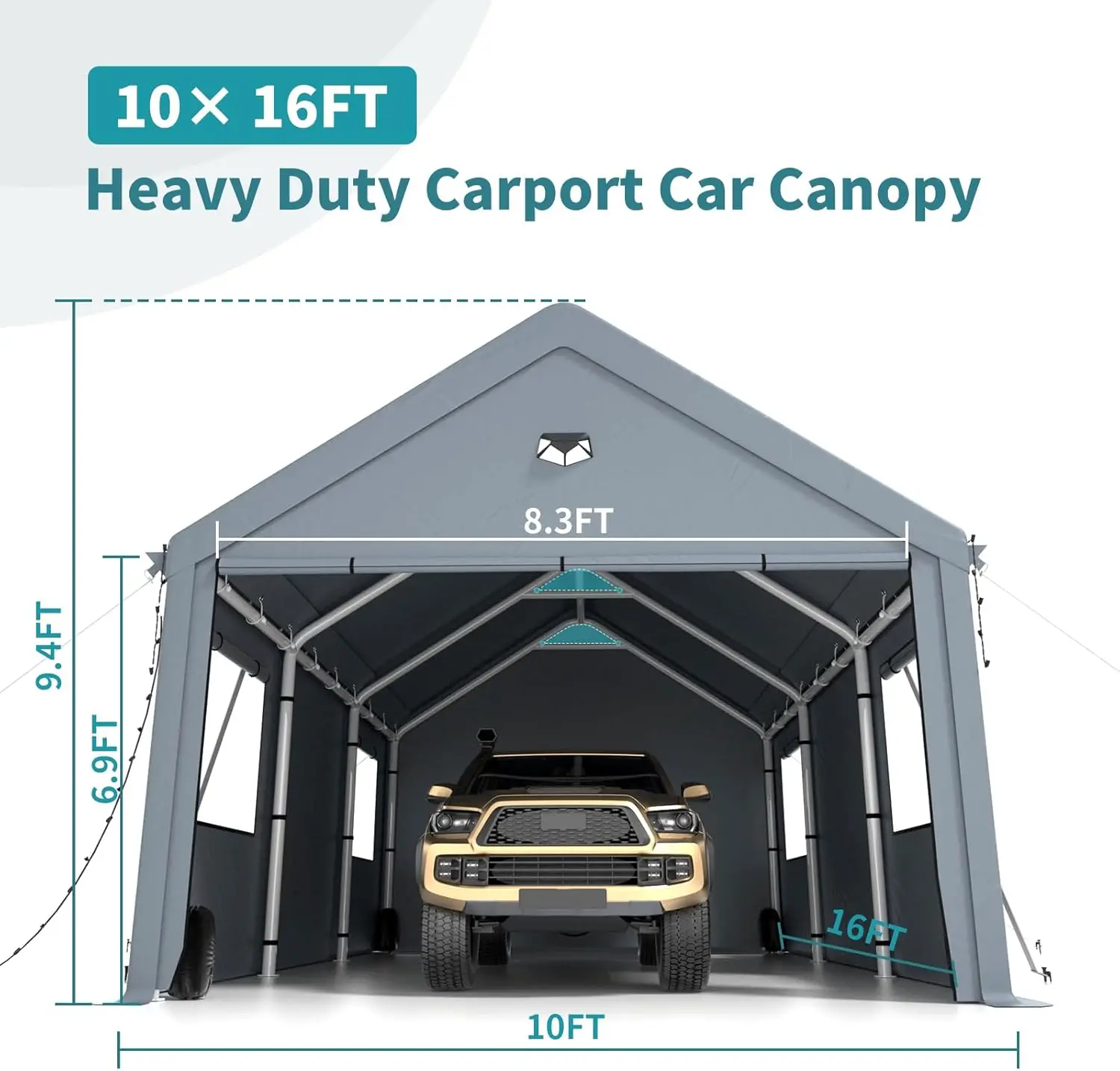 10x16FT Heavy Duty Carport Canopy Extra Large Portable Car Tent Garage with Roll-up Windows and All-Season Tarp Cover,Removable