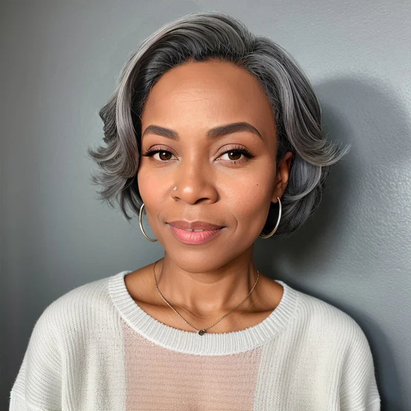 Melodie Salt And Pepper Short Pixie C Part Cut 5X5 Closure Brazilian Remy Hair Wig Human Hair