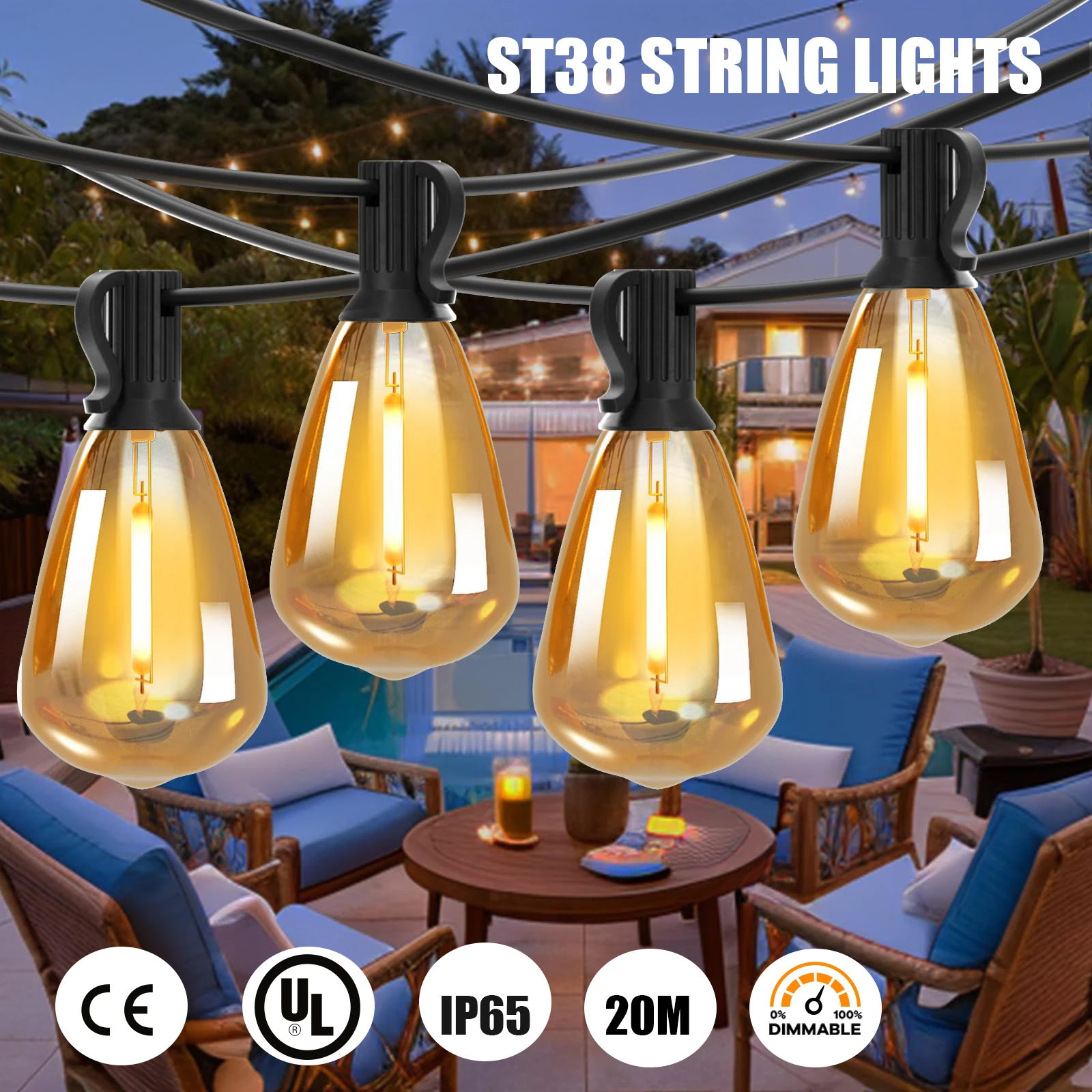 65FT ST38 Led String Lights Outdoor 20M Plastic Shatterproof IP65 Waterproof LED Bulb Outdoor Garden Garland String Lights wsdb pv4 2 ip65 in 2 out strings 25a 1000v dc solar pv array plastic combiner box