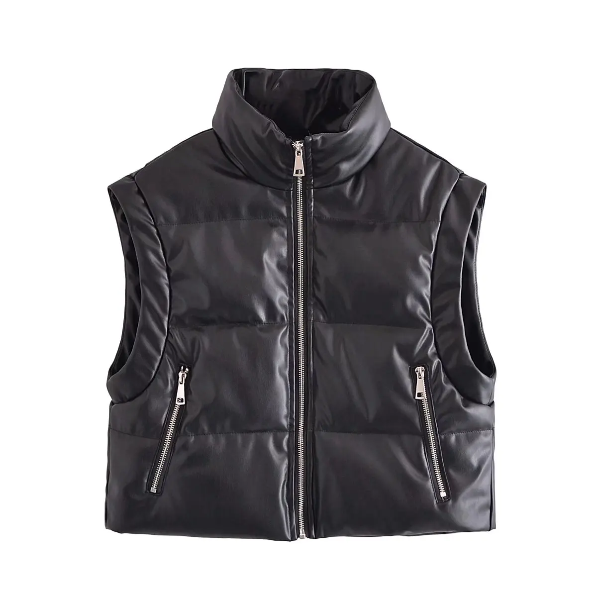 

Women New Fashion Imitation Leather Winter Thickened Short Vest Vintage Zipper Pocket All-match Casual Female Waistcoat Chic Top