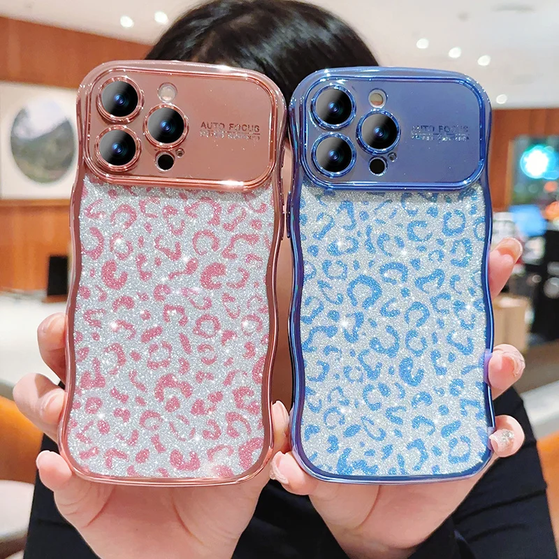 Curved Frame Glitter Leopard Pattern Plating Case For iPhone 15 14 13 12 11 Pro Max Lens Protect Shockproof Soft Cover_voghion.com