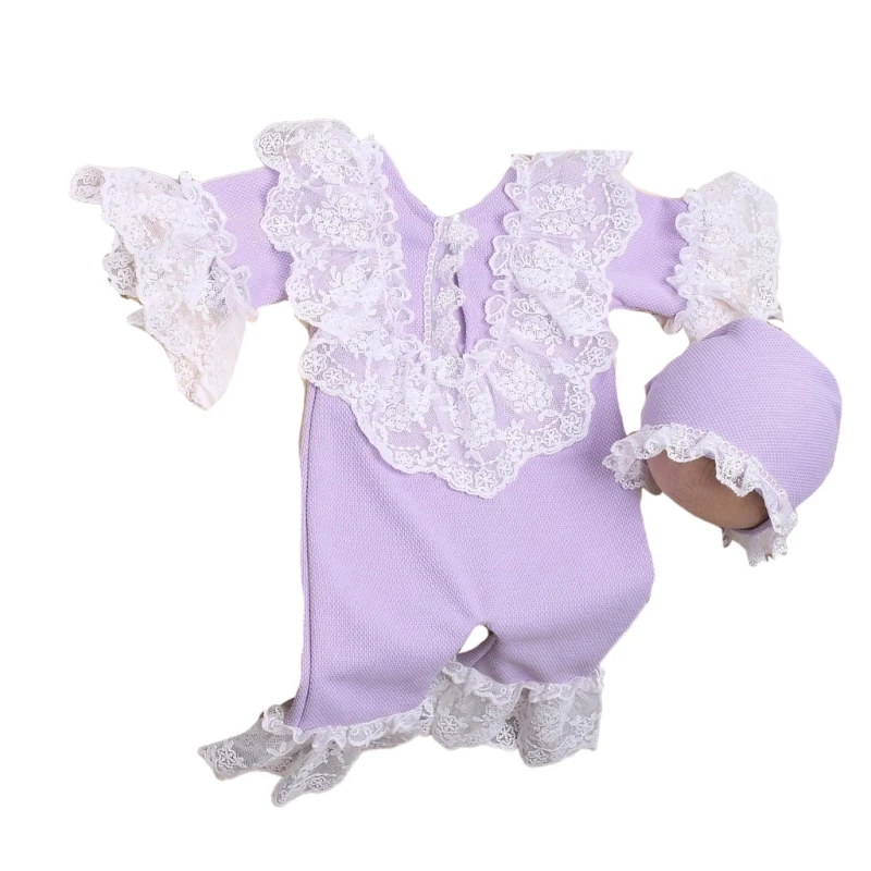 

2Pcs Newborns Photography Costume Including Lace Overalls and Matching Hat Set