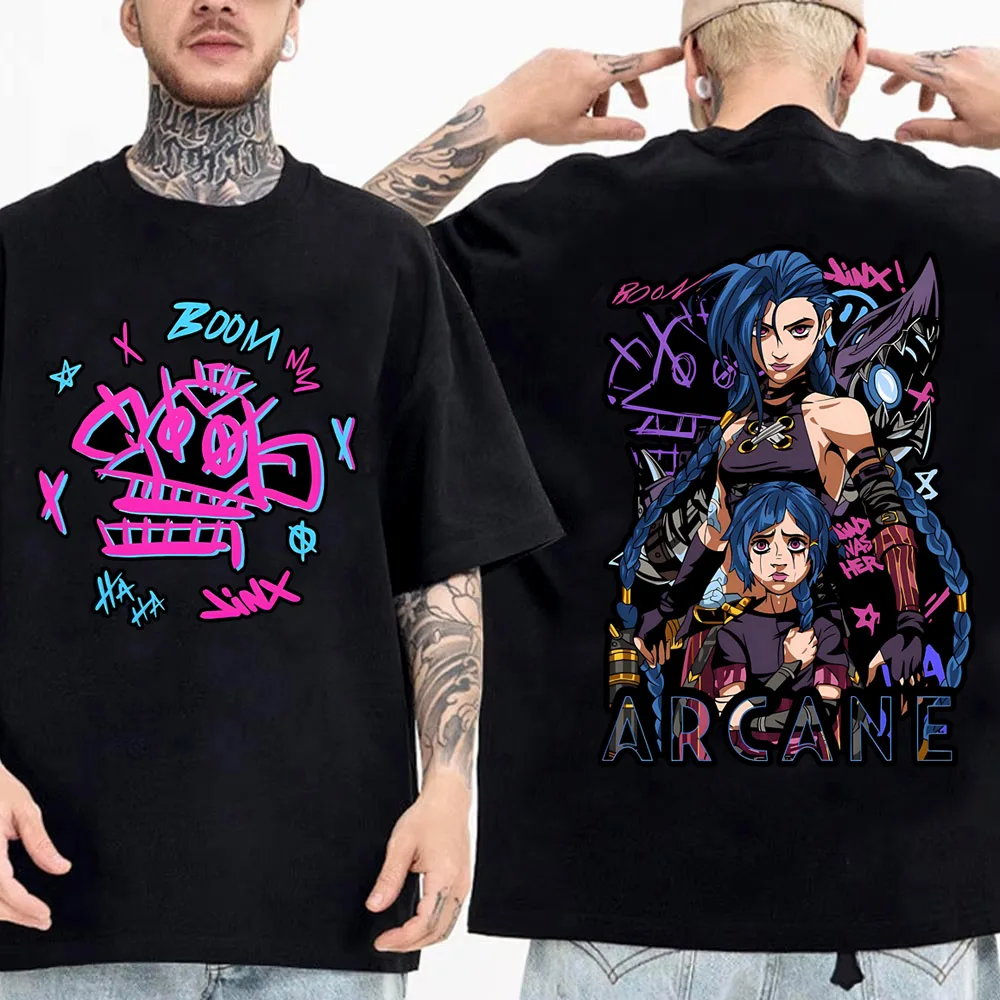 Cartoon Arcane T Shirt Men Jinx Fashion Streetwear Anime Graphic Tee Tops High Quality Cotton Short Sleeve T-shirt 5