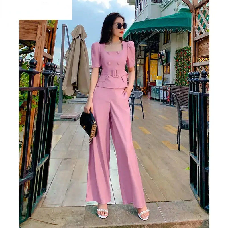 

Belt Decorative Short Sleeve Jacket Blazer Casual Wide Leg Pants Two Piece Elegant Women's Pants Suit Office Outfits Set N496