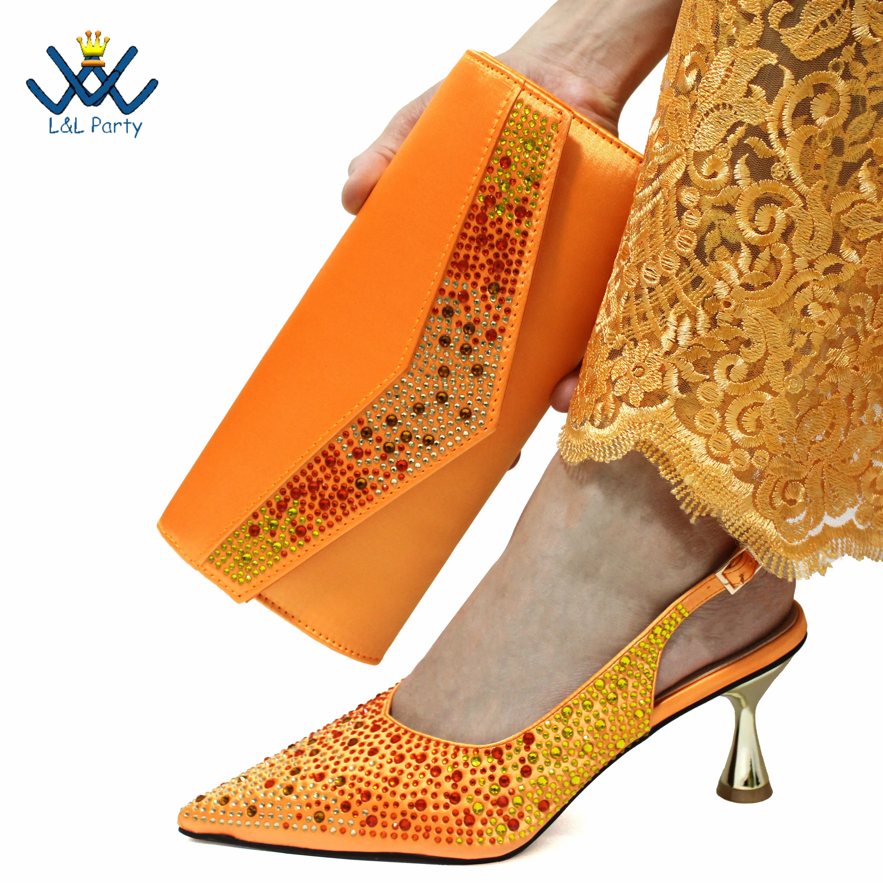 

Fashion Newest Italian Design Shoes Matching Bag Set in Orange Color Pointed Tole Sexy Ladies High Heels Pumps for Wedding Party