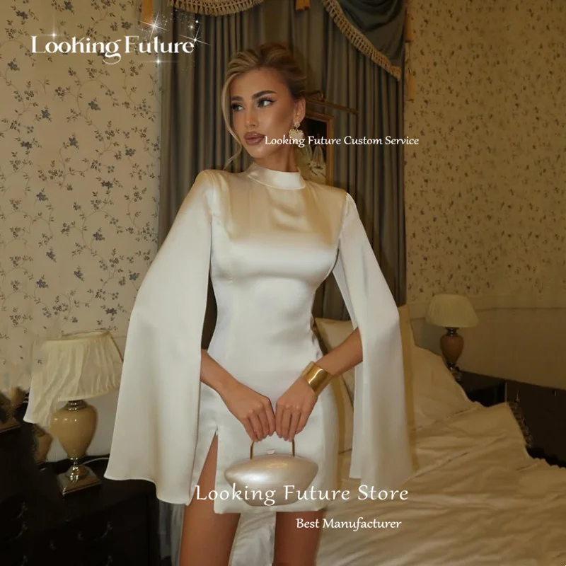Simple Satin Mini Mermaid Wedding Dress For Women Sexy High Neck Long Sleeves 2025 Pleated Side Slit Ivory Short Gown Customized 15 Sde50c8444a15420cb38a4668d8b5e5d7q
