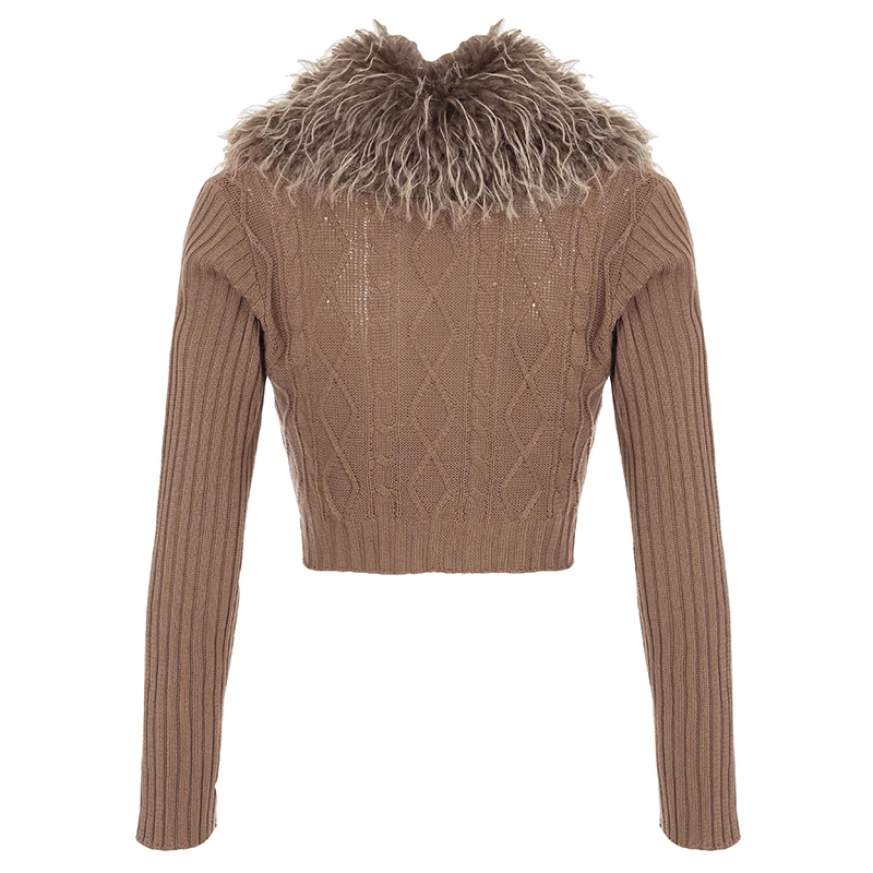 Y2K Brown Buttons Crop Sweater with Detachable Fur Collar Autumn Vintage 2000s Knitted Cardigan Slim Winter Outfits