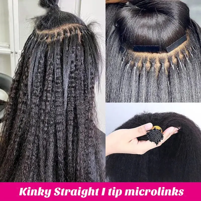 I Tips Kinky Straight Itip Human Hair Extensions for Black Women Natural Black I-Tip Extensions For Thin Hair 50grams 50strands