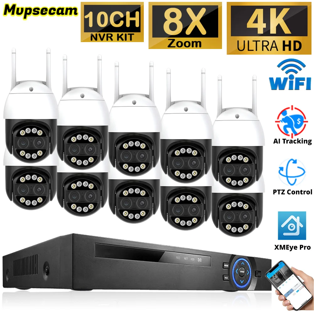 

Outdoor 8MP HD Wireless Dual Lens PTZ WIFI IP Home Security Surveillance Camera System 10CH NVR Video H.265 CCTV Kit ICSEE app
