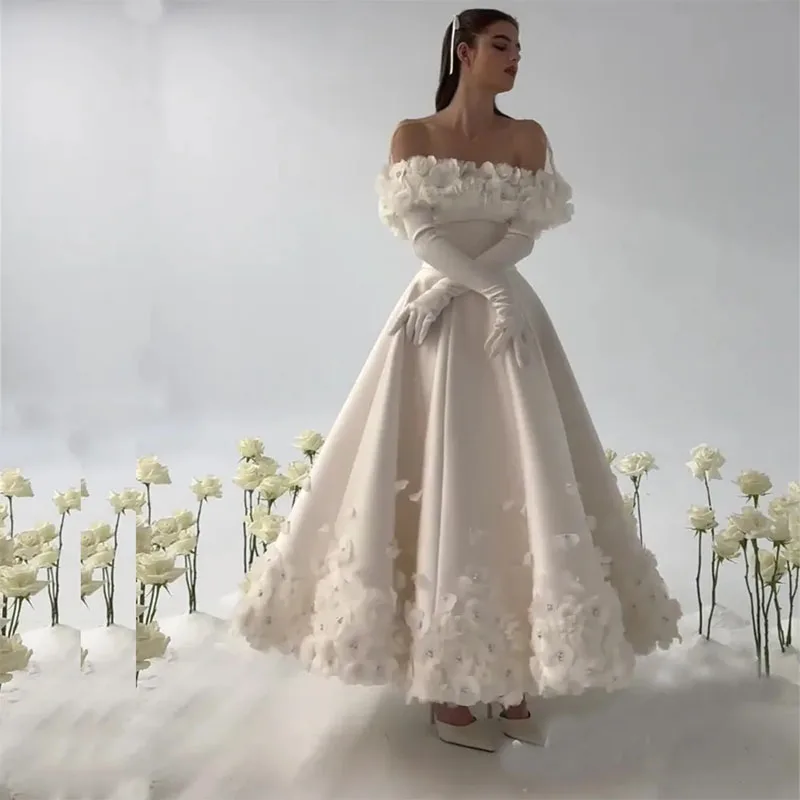 Fashion Flower Prom Dresses with Cape Sweetheart Ruffles Ankle-Length Formal Evening Gown A-Line Wedding Party Dress