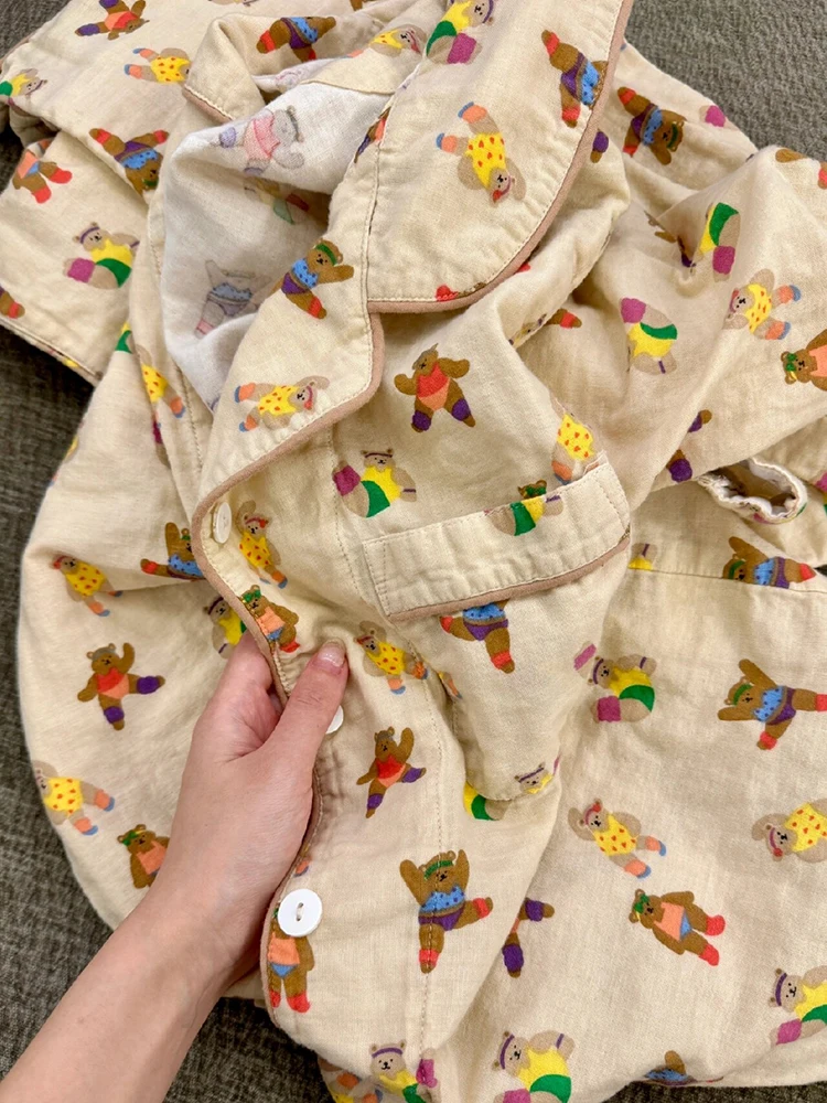 Cartoon Bear Print Pajamas for Women 2024 New Spring Cute Girl Home Wear Cardigan Trousers Two-piece Set