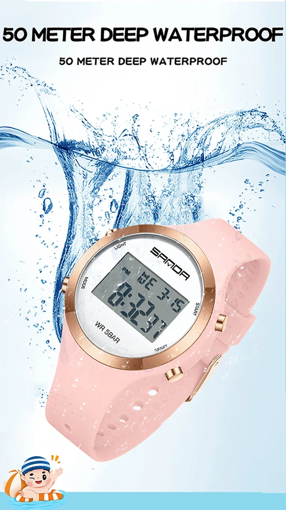 SANDA 2147 Montre numérique élégante et étanche pour femmes, chronographe LED, montre-bracelet de sport pour femmes, cadeau pour garçons et filles_voghion.com