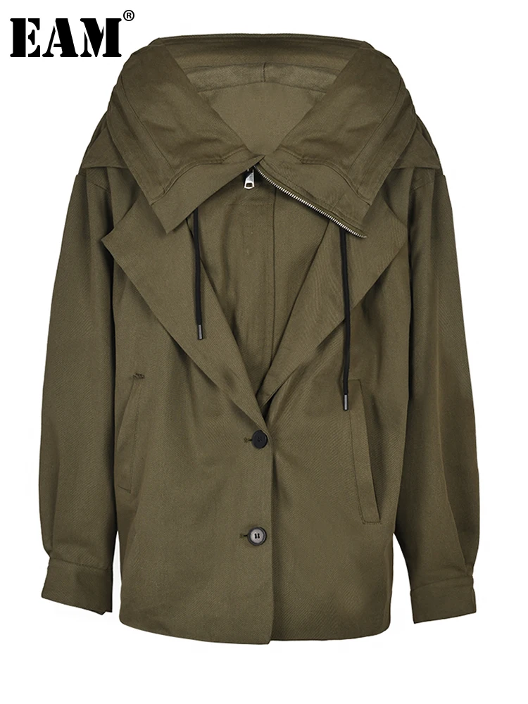 

[EAM] Loose Fit Green Big Size Long Casual Jacket New Hooded Long Sleeve Women Coat Fashion Tide Spring Autumn 2023 1DF111506