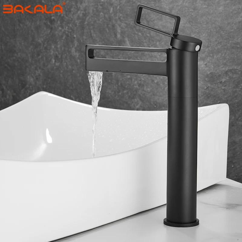 Black Tall Bathroom Basin Taps Single Handle Waterfall Faucet Solid Brass Basin Mixer Tap Creative Hollowed Out Design Water Tap 2